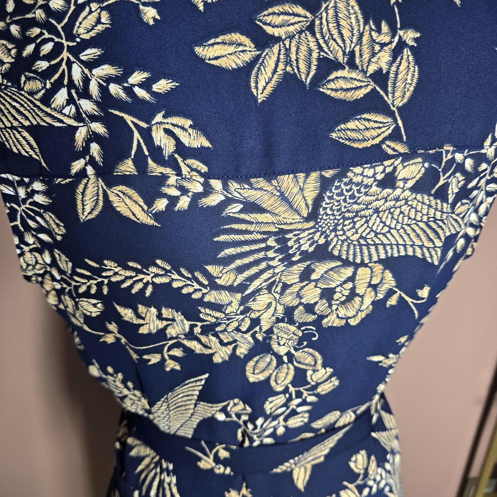 NANETTE LEPORE dark navy floral birds button pleats belted knee dres - Picture 5 of 5